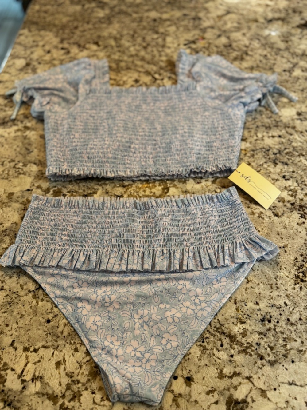 Three Piece Blue Floral Smocked Tankini with Matching Coverup